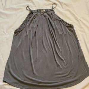 Gray tank with pleated neckline and curved hem